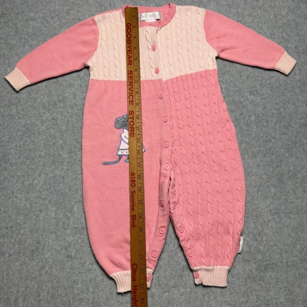 Vintage Gymboree Pink Cable Knit Jumpsuit Mouse Embroidered Romper 12-18M
